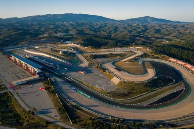 Aerial view of the rolling Autódromo Internacional do Algarve near Portimão at sunset